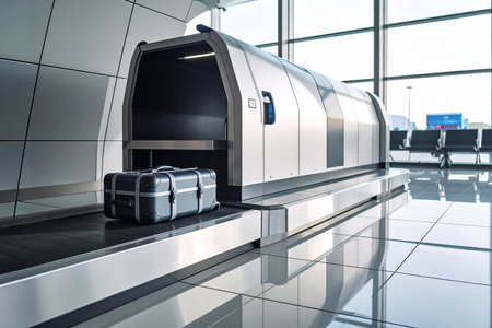 AI generated image. The concept of travel. A suitcase passes through a baggage scanner at the airport.の素材