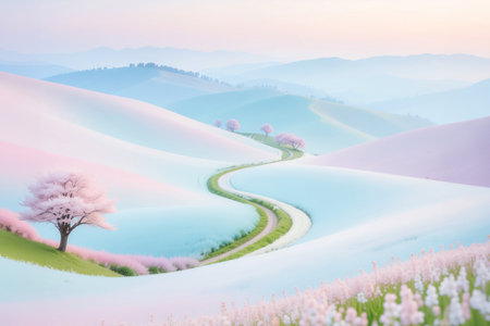 AI generated image. a rural road in an idyllic landscapeの素材