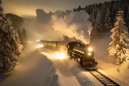 AI generated image. a steam train traveling through a snowy landscapeの素材