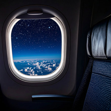 AI generated image. view of the starry sky at night from the airplane windowの素材