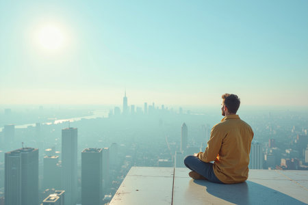 AI generated image. a man sitting on the roof of a skyscraper in front of the panoramic view of the cityの素材