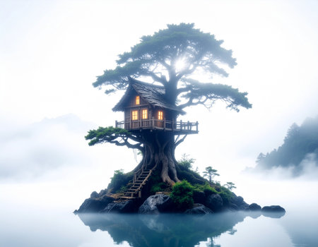 AI generated image. the wooden treehouse in a dreamlike landscapeの素材