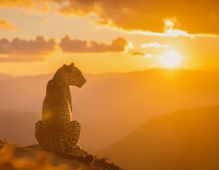 AI generated image. a cheetah sitting on top of the hill at sunsetの素材