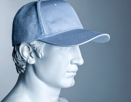 AI generated image. a male marble statue with a cap on his headの素材