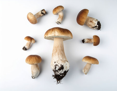AI generated image. some porcini mushrooms on a white surfaceの素材