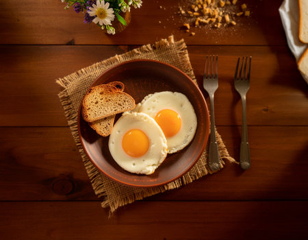 AI generated image. two fried eggs on a plate on a wooden tableの素材
