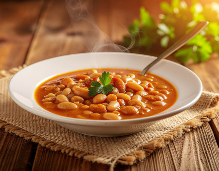 AI generated image. a plate of bean soup on the dining tableの素材