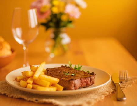 AI generated image. a plate with a steak and French fries on the dining tableの素材