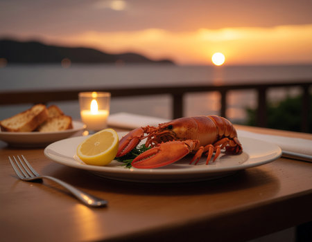 AI generated image. a plate with a lobster on the dinner tableの素材