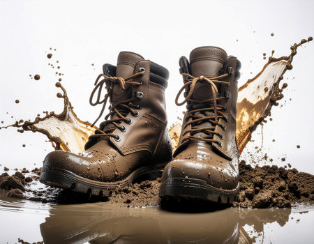 AI generated image. a pair of boots among splashes of mud on a white backgroundの素材