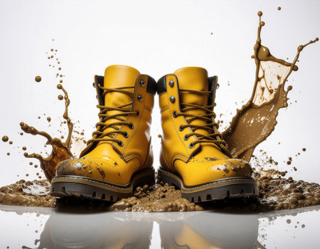 AI generated image. a pair of boots among splashes of mud on a white backgroundの素材