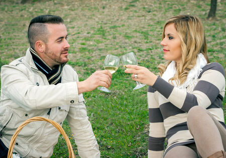 Beautiful loving young couple was photographed on a walkの写真素材