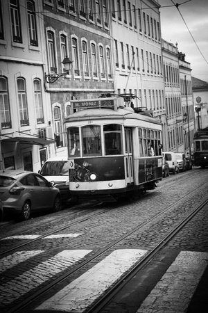 Old tram. Black and white photo.の写真素材