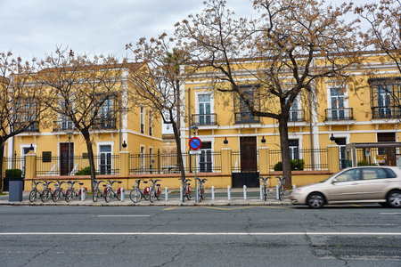 Bicycle parking in front of the building in the city of Seville, Spainの写真素材