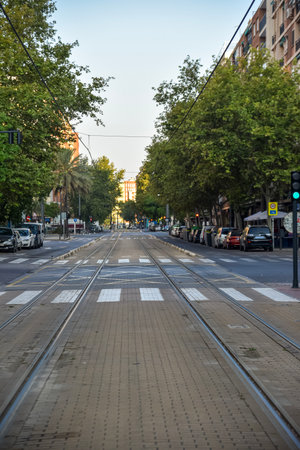 Quiet Valencia street on an early summer morning, with tram tracks, trees, parked cars, and soft golden lightの写真素材
