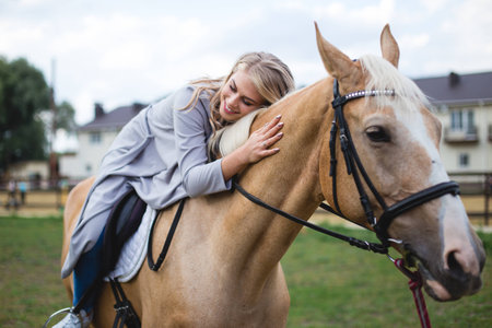 beautiful young girl and a horse, portrait, summerの写真素材