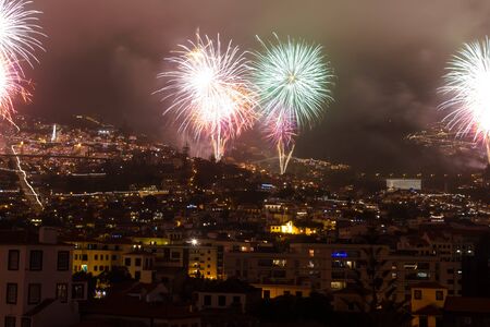 Magnificent New Year fireworks in Funchal, Madeira Island, Portugal.の写真素材