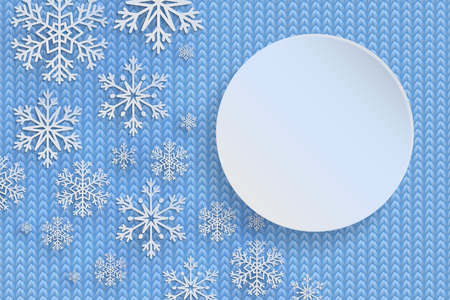 Christmas background with decorative snowflake. Knit pattern. Merry Christmas and Happy New Year Greetings card. Paper cut snowflakes design.のイラスト素材