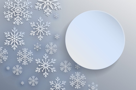 Christmas background with decorative snowflake. Merry Christmas and Happy New Year Greetings card. Paper cut snowflakes design.のイラスト素材