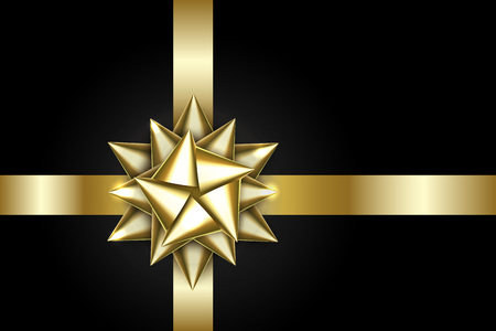Gold bow isolated on black background. Shiny golden ribbon. Christmas satin decoration. New Year holiday design. Birthday celebration present. Gold decor element for gift package. Vector illustration.のイラスト素材
