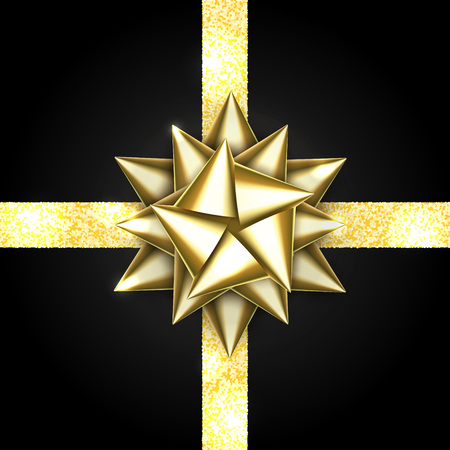 Gold bow isolated on black background. Shiny golden ribbon. Christmas satin decoration. New Year holiday design. Birthday celebration present. Gold decor element for gift package. Vector illustration.のイラスト素材
