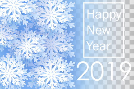 Snowflakes on transparent background. Happy New Year 2019. Christmas banner with snowflake. Vector illustration with falling snow.のイラスト素材