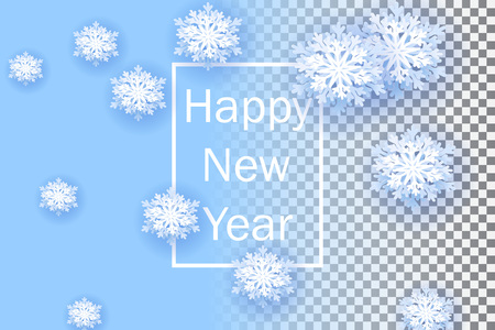 Snowflakes on transparent background. Happy New Year 2019. Christmas banner with snowflake. Vector illustration with falling snow.のイラスト素材