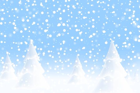 Happy New Year 2020. Falling snow. Realistic snowdrift. Winter snowy landscape with christmas trees. Vector illustration.のイラスト素材