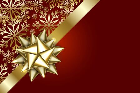 Gold bow isolated on red background. New Year holiday design. Gift package with golden ribbon. Birthday present. Vector illustration. Decor element gold bow.のイラスト素材