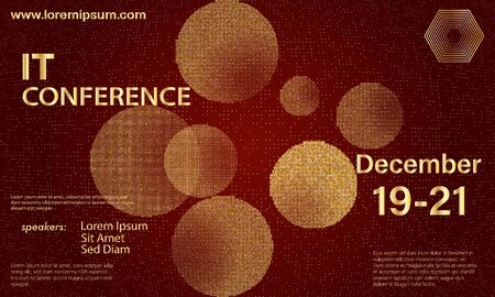 Golden halftone pattern. Conference design template. Business background. Colorful elements. Abstract cover design. Vector illustration. Gold dots on black background.のイラスト素材