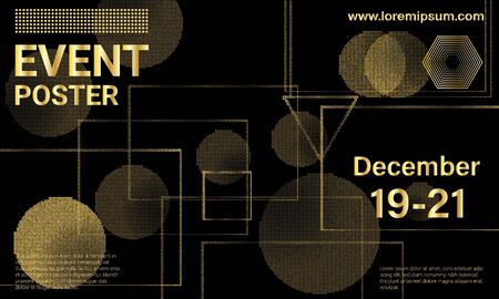 Golden halftone pattern. Conference design template. Business background. Colorful elements. Abstract cover design. Vector illustration. Gold dots on black background.のイラスト素材
