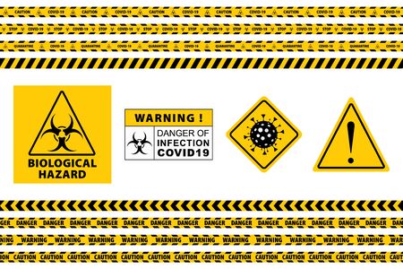 Stop Covid-19 Sign. Seamless Caution Warning Tape. Yellow And Black. Danger Tape. Yellow Attention Ribbon Set. Warning Signs. Caution Lines. Vector Illustration. Sign Stop Virus. Pandemic Stop Sign.のイラスト素材