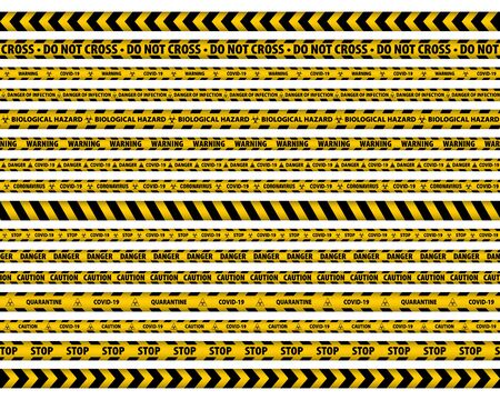 Warning Tape. Yellow And Black. Danger Tape. Stripe Border Set. Caution Tape. Yellow Attention Ribbon. Warning Signs. Caution Lines Isolated. Vector Illustration. Sign Stop Virus.のイラスト素材