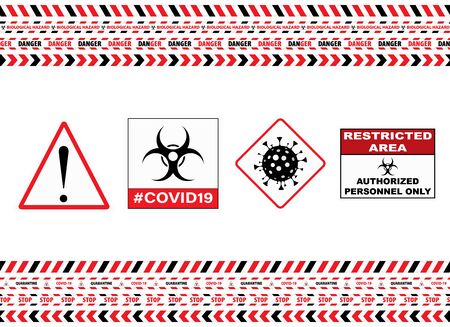 Seamless Caution Warning Tape. Stop Covid-19 Sign. Red White. Danger Tape. Red And White Attention Stripe Set. Warning Signs. Caution Lines. Vector Illustration. Sign Stop Virus. Pandemic Stop Sign.のイラスト素材