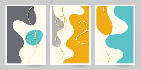 Modern art. Abstract cover template. Set of geometric shapes and lines. Imitation watercolor painting. Minimalist hand painted shapes, gold lines.のイラスト素材