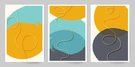 Modern art. Abstract cover template. Set of geometric shapes and lines. Imitation watercolor painting. Minimalist hand painted shapes, gold lines.のイラスト素材