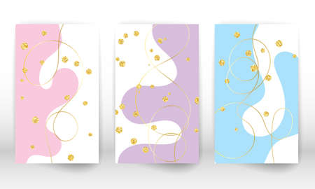 Fluid flow design. Modern art painting. Set of fluid shapes and lines. Hand painted liquid shapes, gold particles. Modern art background.のイラスト素材