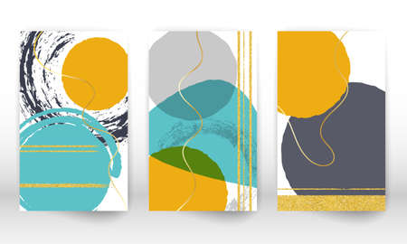 Watercolor effect design cover. Set of abstract hand drawn geometric shapes. Doodle lines, golden particles. Vector illustration.のイラスト素材