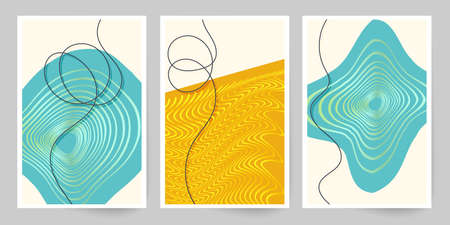 60s art canvas. Set of geometric shapes and lines. Imitation watercolor painting texture brochure design. 1960s style. Hand painted shapes, gold lines.のイラスト素材