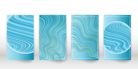 Fluid blue poster template. Wavy lines cover flyer set. Vector.のイラスト素材
