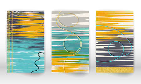 Watercolor effect design cover. Scandinavian home decor. Set of abstract hand drawn shapes. Doodle lines, golden particles.の写真素材