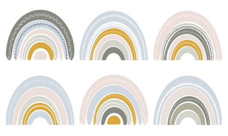 Set of cute rainbows in scandinavian style. Watercolor rainbow isolated on a white background. Pastel colors. Modern art. Vector.のイラスト素材