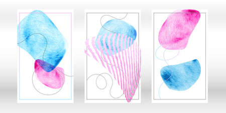 Watercolor abstract shapes. Minimalist artistic hand painted compositions. Pink, blue colors. Vector.のイラスト素材