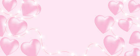 Valentines Day banner with shining lights garland, light bulbs, hearts on pink background. Valentines Day card.のイラスト素材