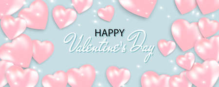 Valentines Day banner with shining lights and hearts on blue background. Valentines Day card.のイラスト素材
