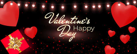 Valentines Day banner with shining lights garland, light bulbs, hearts, gift box on dark background. Valentines Day card.のイラスト素材