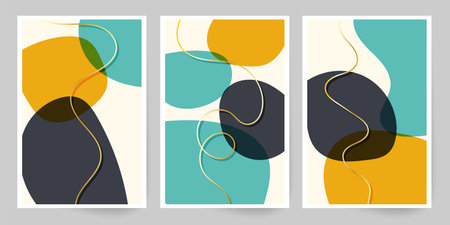 Abstract cover template. Set of geometric shapes and lines. Imitation watercolor painting texture brochure design. Minimalist hand painted gold lines.のイラスト素材