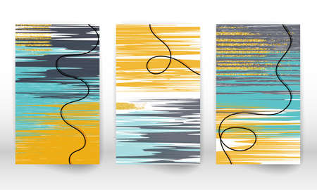Watercolor effect design cover. Scandinavian home decor. Set of abstract hand drawn shapes. Doodle lines, golden particles.のイラスト素材