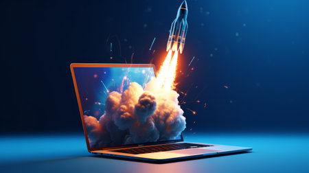 Rocket Flying Out of Laptop Screen. Dark Blue Background.の素材