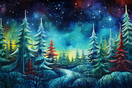 Magic forest. Christmas trees illuminated warm glow of lights.の素材